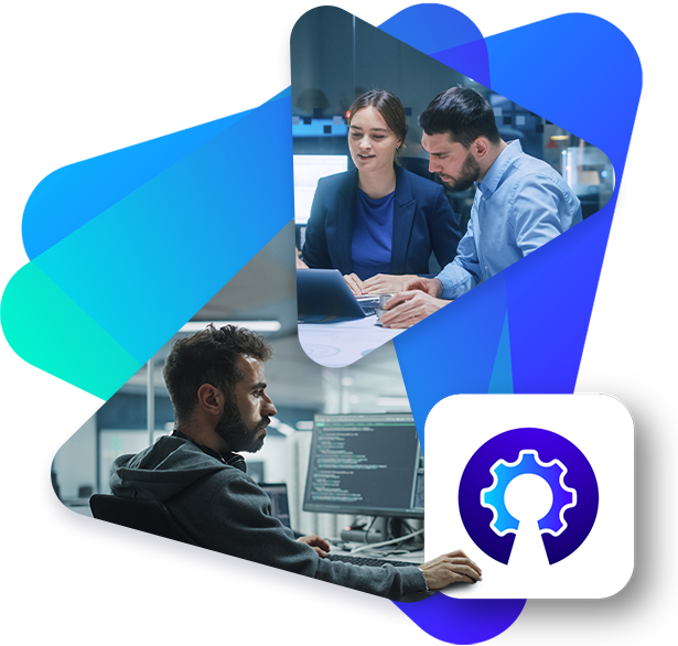 Two images of developers and open source community members working on a laptop with the open source icon incorporated