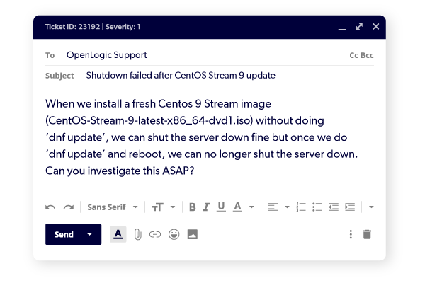 OpenLogic support ticket for CentOS Stream.