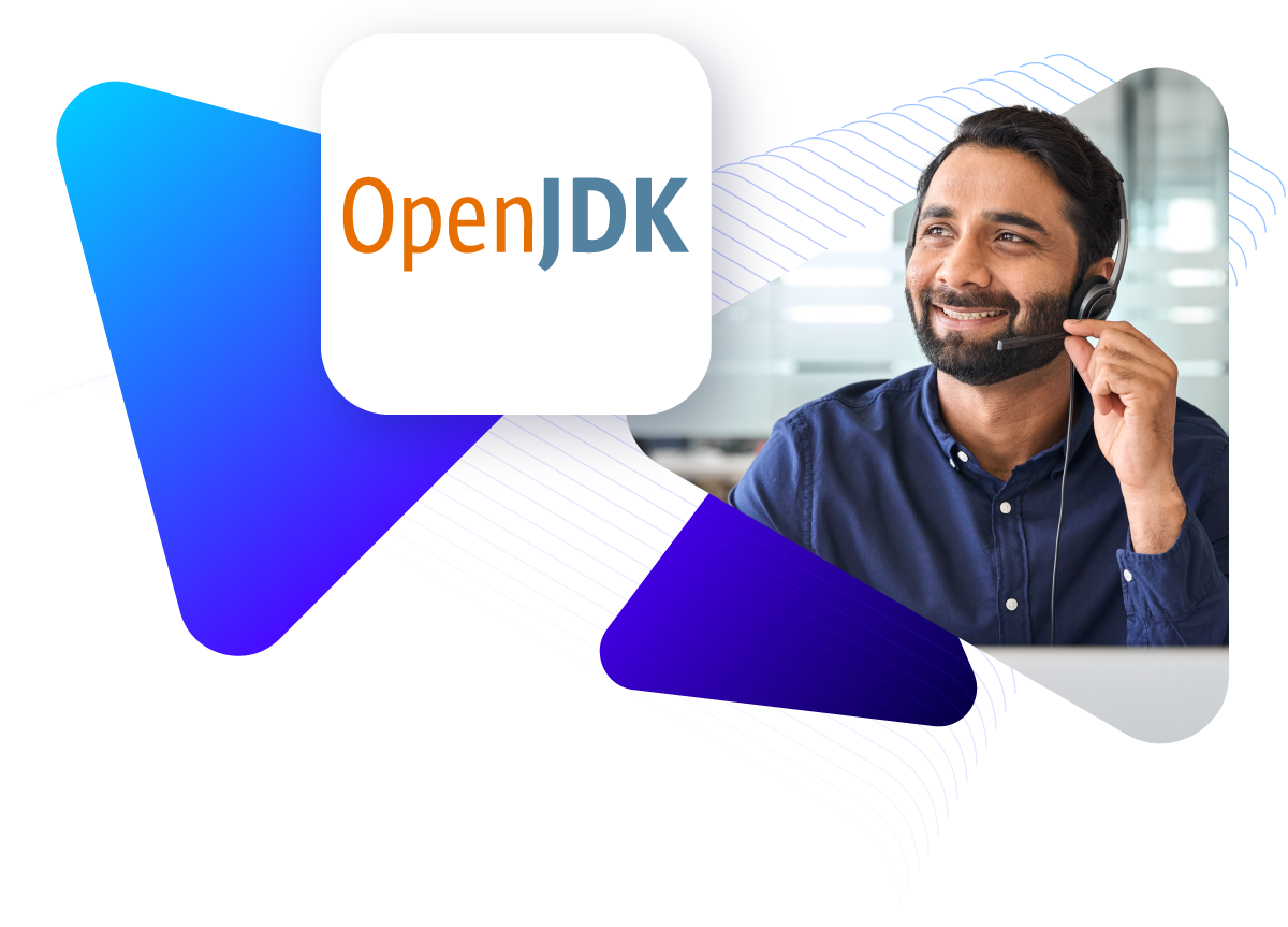 OpenJDK logo with technical support employee in office.