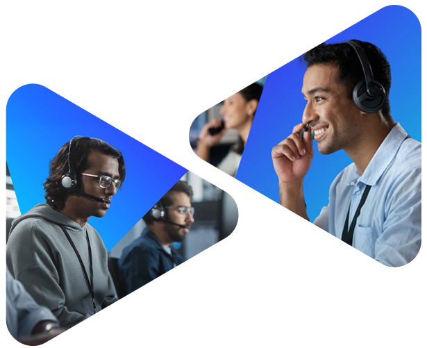 Images of two technical support representatives cropped in triangles with indigo and cyan adornments.