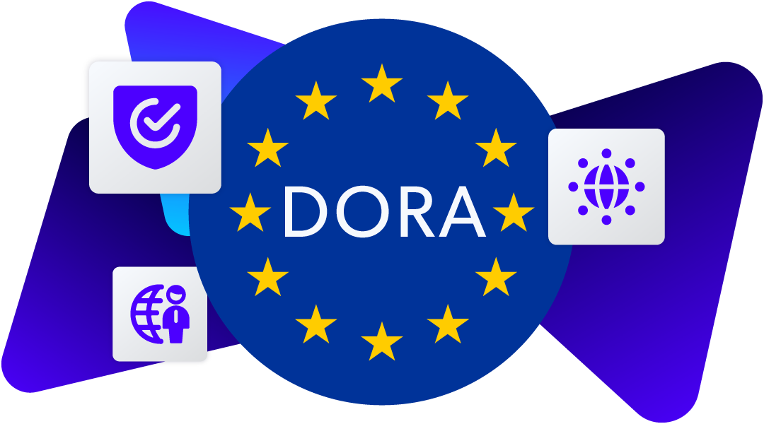 DORA image with compliance, support, and network icons.
