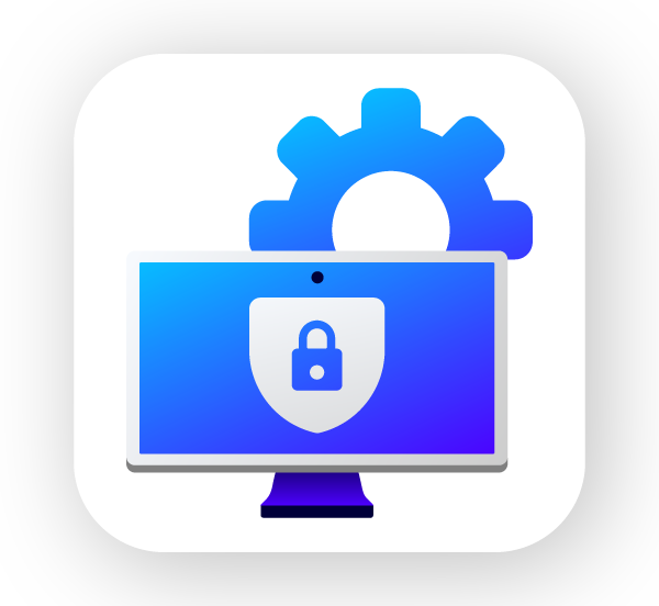 Desktop monitor with a lock icon on the screen, surrounded by a gear symbol above.