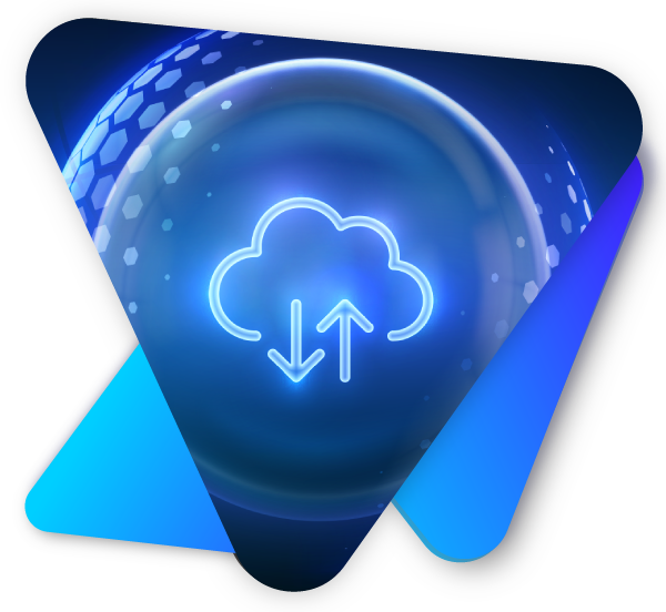 A digital icon with a cloud and arrows, surrounded by blue and black triangular shapes.