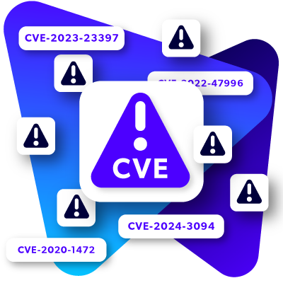 Multiple warning icons with CVE identifiers overlapping each other in shades of blue and purple.