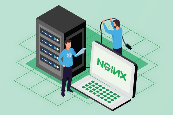 Image of server and laptop with NGINX and two males trying to connect the two.