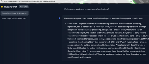 hugging chat prompt and answer describing the most popular open source machine learning tools in use today