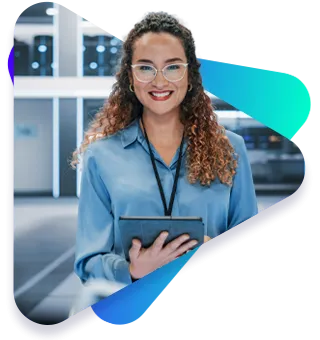 Friendly-looking woman holding a tablet to help with your open source support needs from Perforce OpenLogic