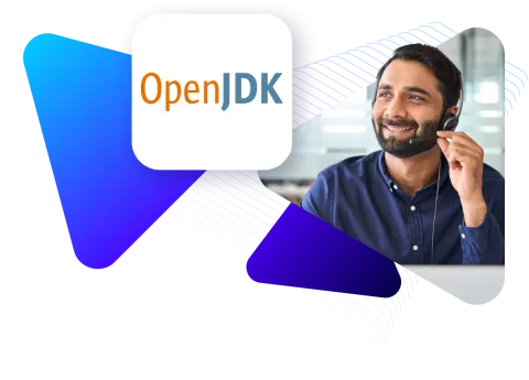 OpenJDK logo with technical support employee in office.