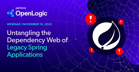 OpenLogic webinar slide with title "Untangling the Dependency Web of Legacy Spring Applications" on a dark, grid-patterned background.